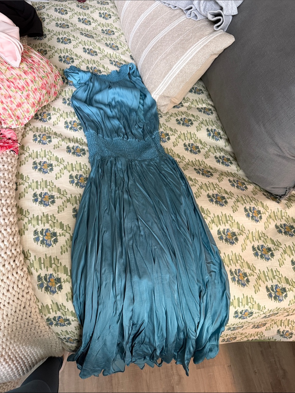 Karlie Teal Smocked Waist Pleated Dress
